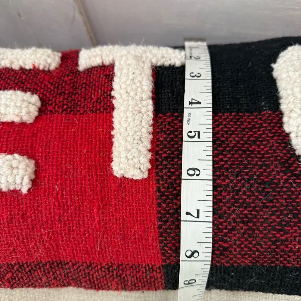 MudPie Get Cozy Red Black Buffalo Plaid Burlap Oatmeal Wool Long Accent Pillow